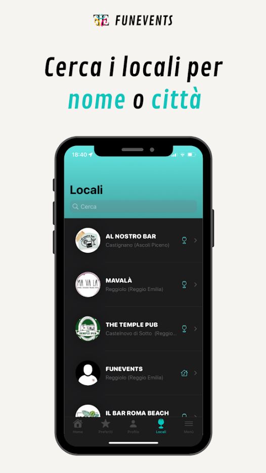 Ricerca dei locali in FunEvents